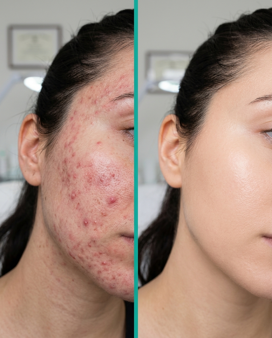 Before and after acne improvement image from Dr. Michael Gladstein's Astoria clinic